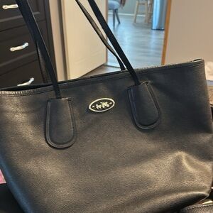 Coach Black Leather Tote with Gold Logo Accent